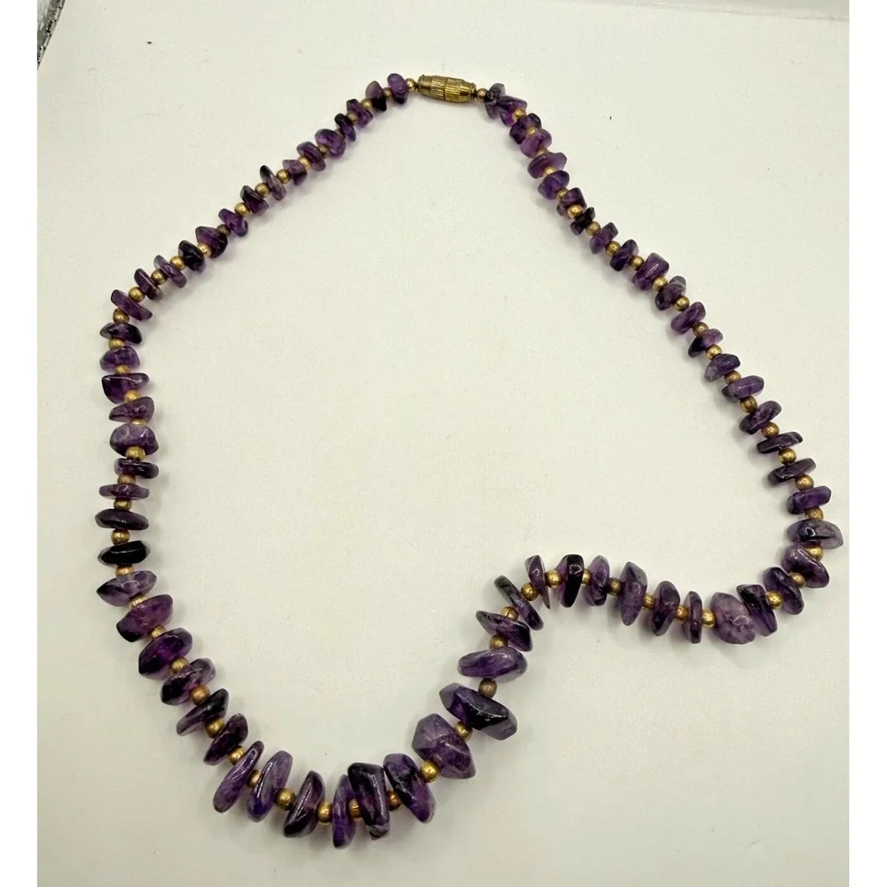 Vtg Amethyst Necklace Chip Bead Purple‎ Stone Nugget Gold Tone Boho 18